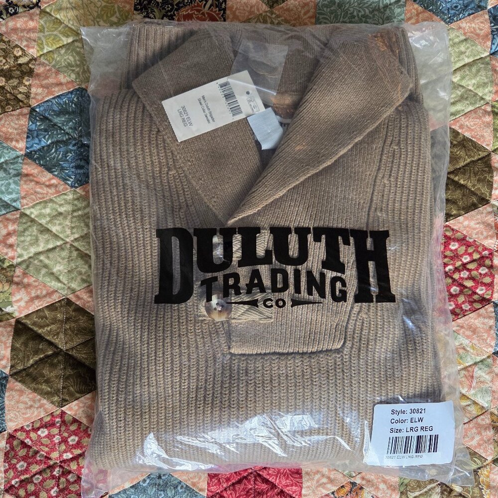 Duluth mens Brigadier shawl collar sweater, L, tan, NWT
